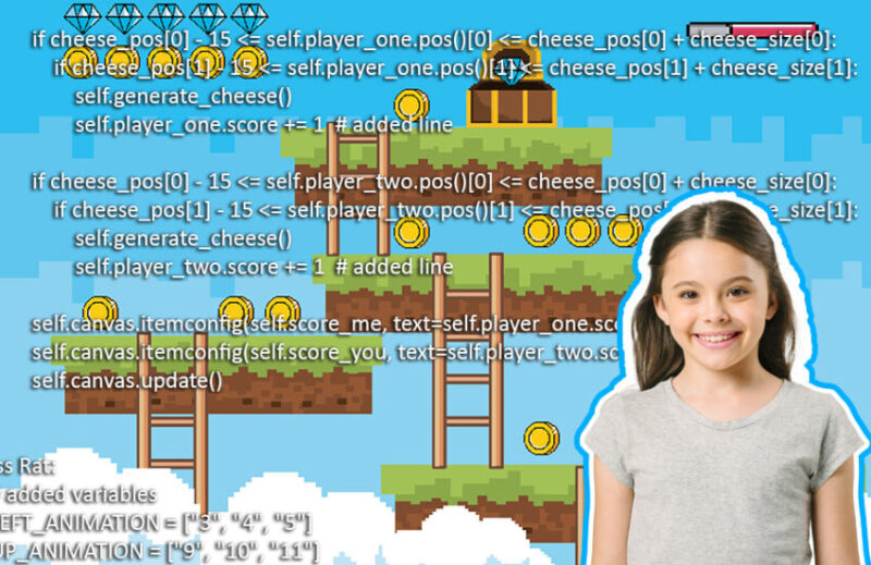 "a young girl learning computer games programming using Python Coding"